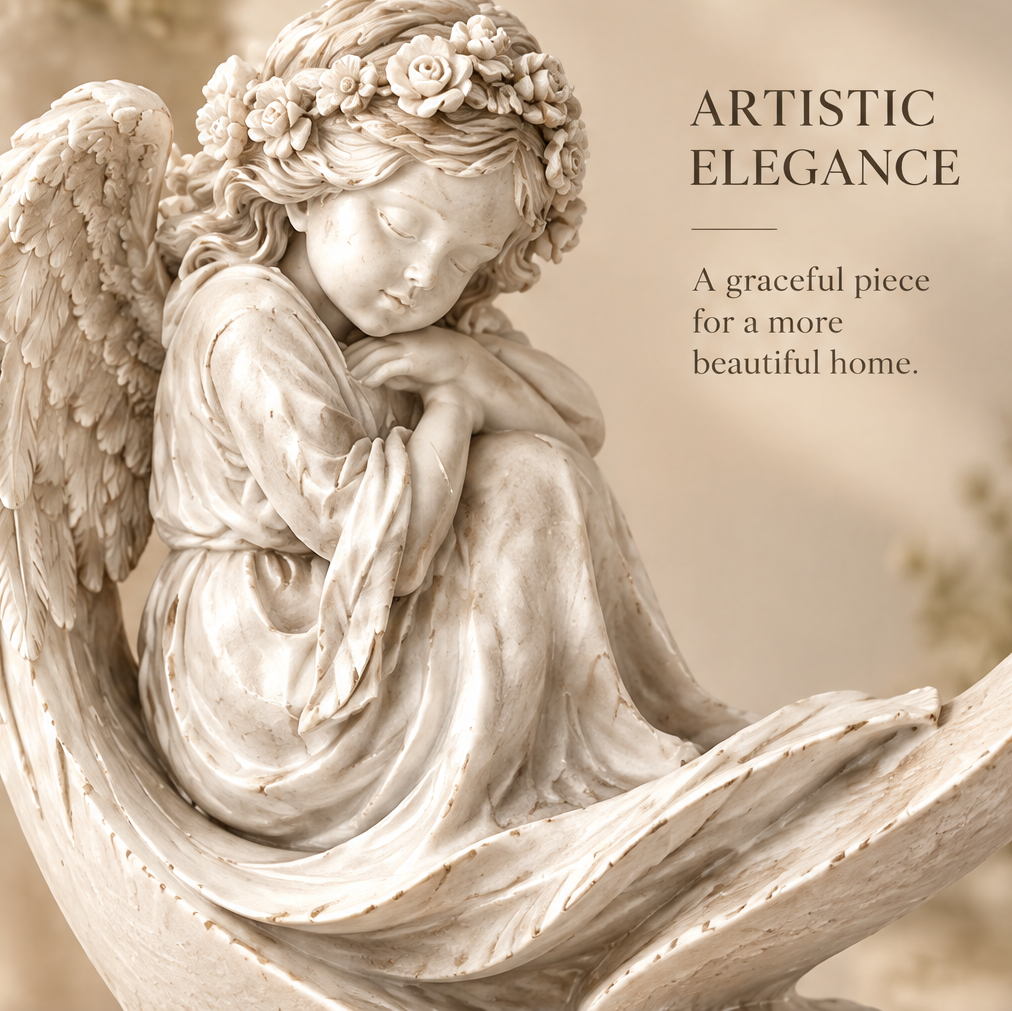Close-up of lower angel with flower crown, resting on knees, wings folded, eyes closed in peaceful repose — Artistic Elegance, A Graceful Piece for a More Beautiful Home