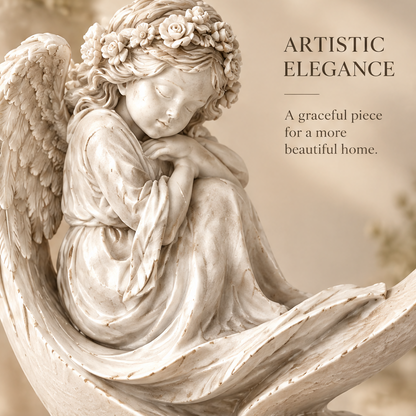 Close-up of lower angel with flower crown, resting on knees, wings folded, eyes closed in peaceful repose — Artistic Elegance, A Graceful Piece for a More Beautiful Home