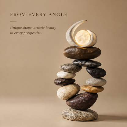 VITALUXO moonlight balance stacked stone lamp full form on neutral background showing all stones and moon crescent top — From Every Angle, Unique Shape, Artistic Beauty in Every Perspective