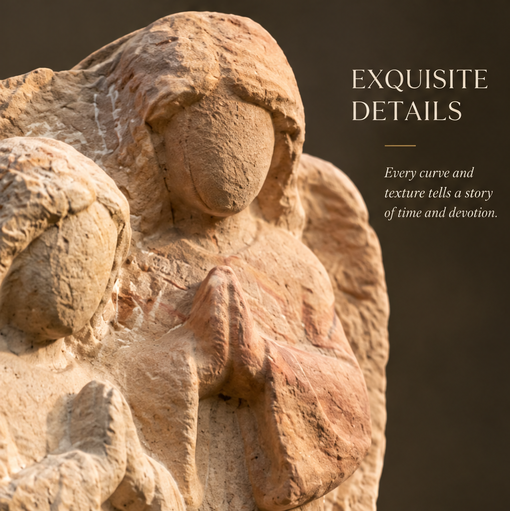 Close-up of angel face and praying hands emerging from sandstone surface — Exquisite Details, Every Curve and Texture Tells a Story of Time and Devotion