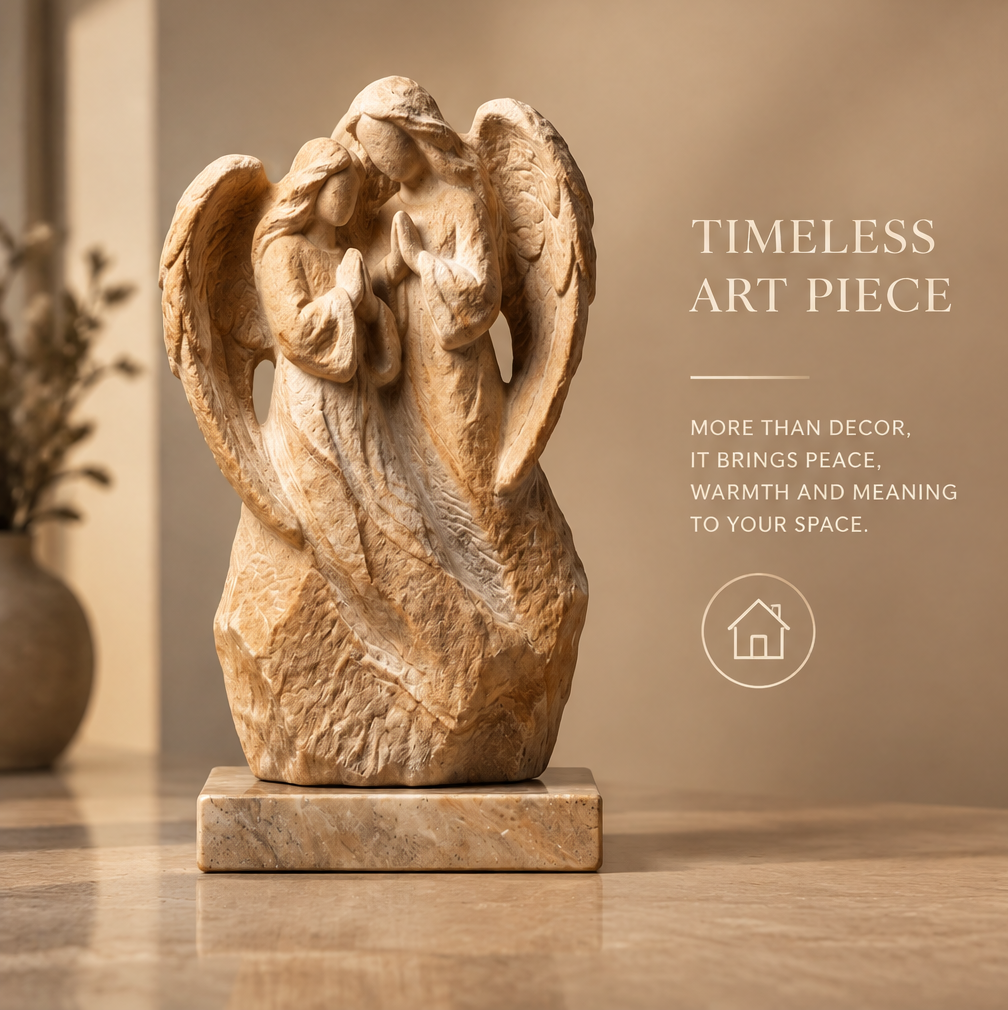VITALUXO dual angel embrace stone sculpture front view full form showing two angels with intertwined wings on travertine base — Timeless Art Piece, More Than Decor, Brings Peace, Warmth and Meaning to Your Space