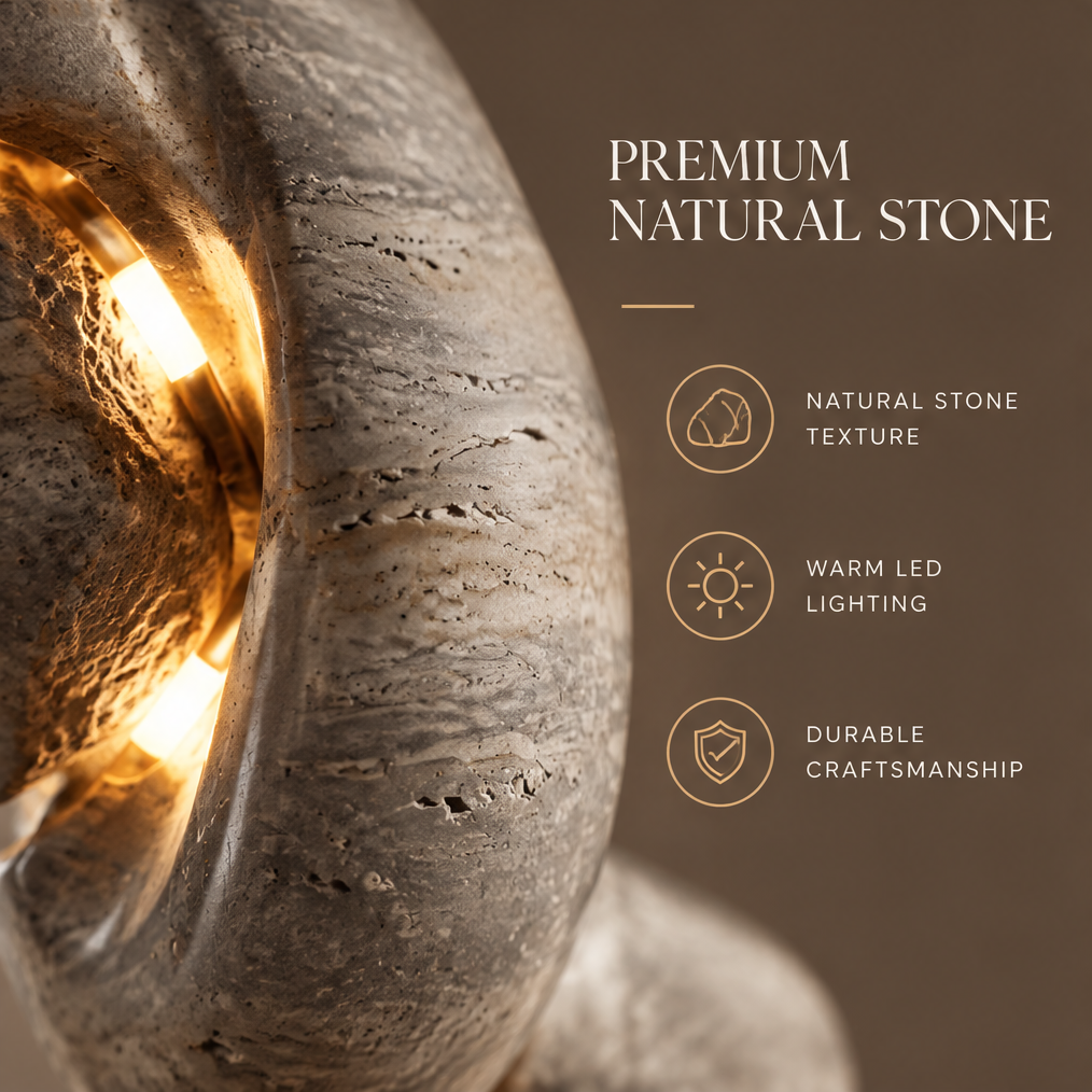 Close-up of premium natural stone texture on organic sculpture lamp with warm LED glow — Natural Stone Texture, Warm LED Lighting, Durable Craftsmanship