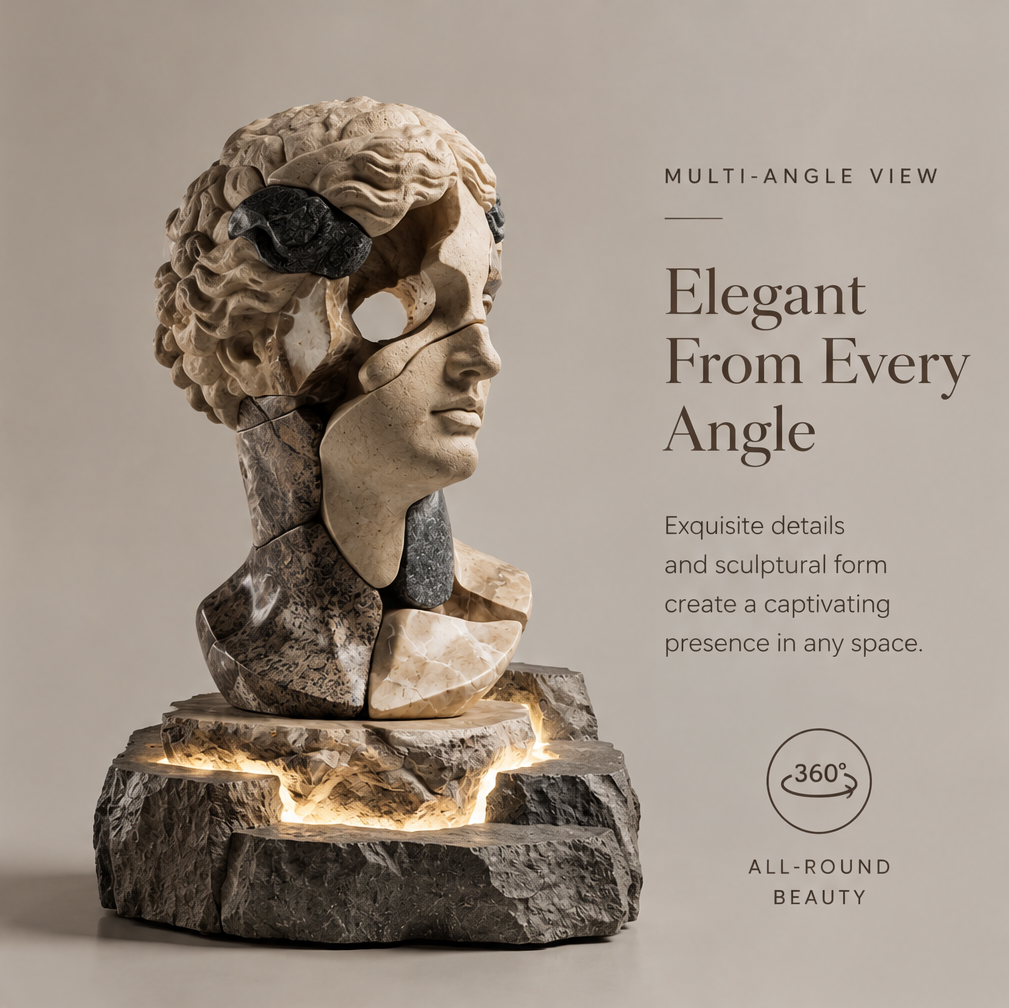 VITALUXO marble bust sculpture displayed on a marble table in a luxury living room setting, warm LED base glowing — Timeless Beauty, Artistic Home Décor