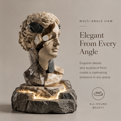 VITALUXO marble bust sculpture displayed on a marble table in a luxury living room setting, warm LED base glowing — Timeless Beauty, Artistic Home Décor