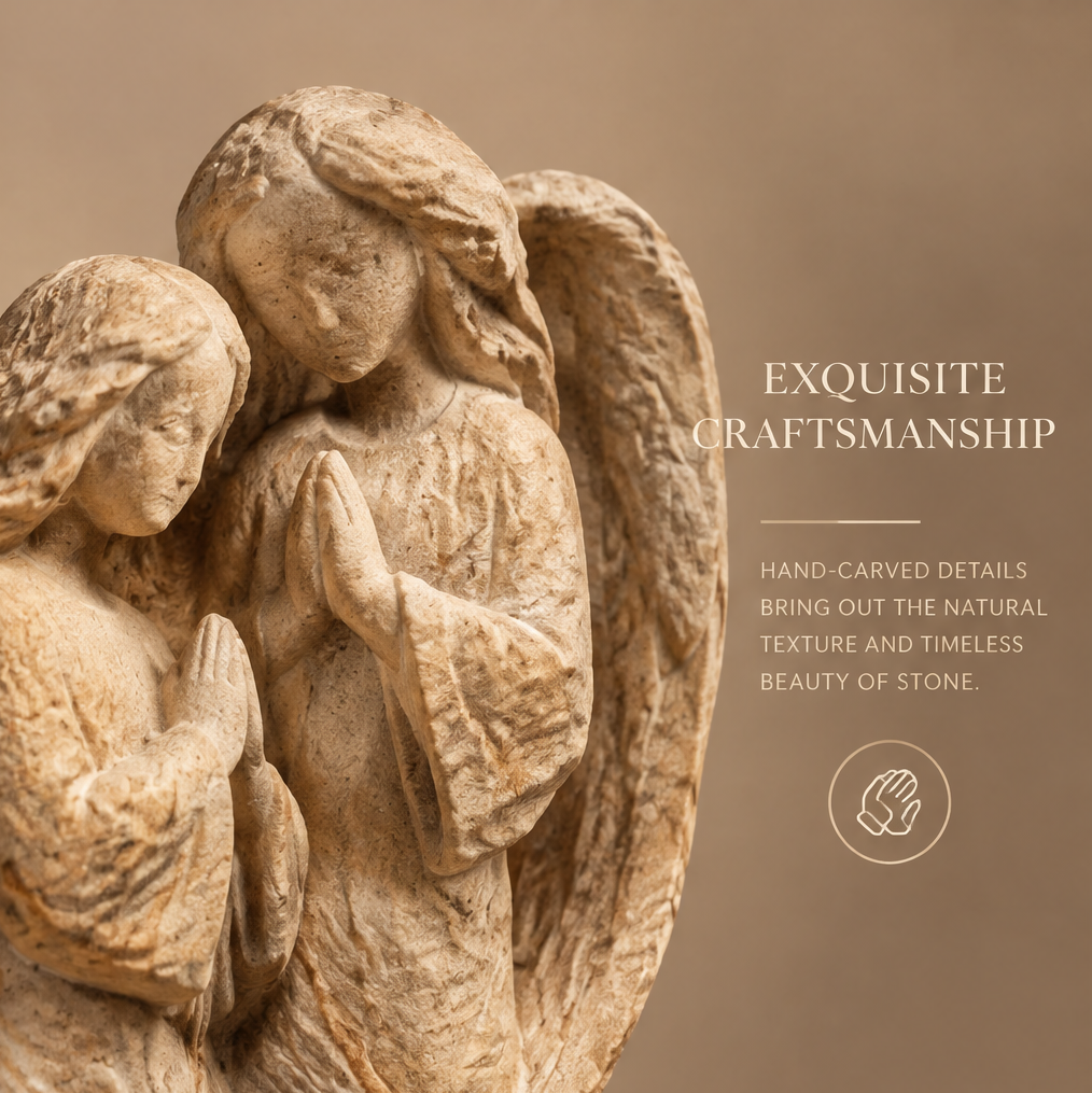 Close-up of two angel faces, hands and wing details in natural stone texture — Exquisite Craftsmanship, Hand-Carved Details Bring Out the Natural Texture and Timeless Beauty of Stone