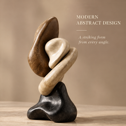 VITALUXO organic tri-stone sculpture against neutral background showing dark brown, cream marble, and black stones — Modern Abstract Design, A Striking Form from Every Angle