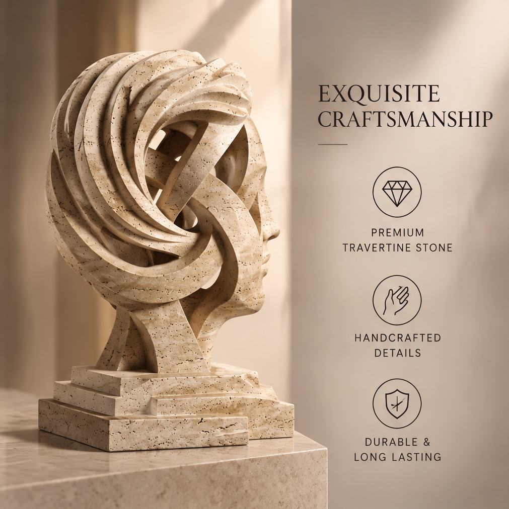 Side profile of travertine spiral bust sculpture showing Exquisite Craftsmanship — Premium Travertine Stone, Handcrafted Details, Durable & Long Lasting