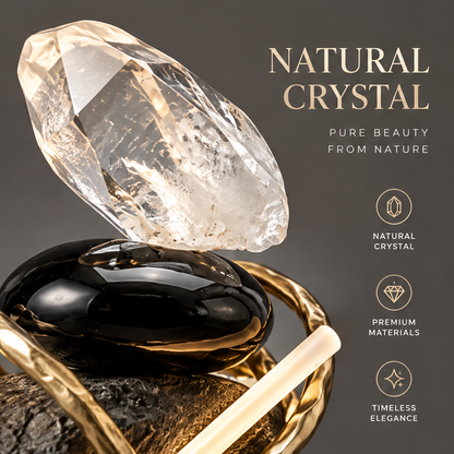 Close-up of raw natural crystal topping the sculpture above polished black stone and gold metal ring — Natural Crystal, Pure Beauty from Nature, Premium Materials, Timeless Elegance