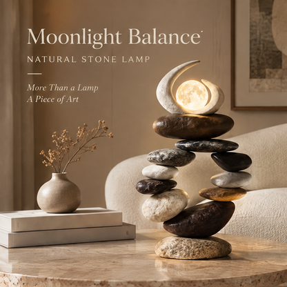 VITALUXO Moonlight Balance Stacked Stone Art Lamp glowing beside a cream sofa with white ceramic vase and dried botanicals on a marble surface — Moonlight Balance Natural Stone Lamp, More Than a Lamp, A Piece of Art