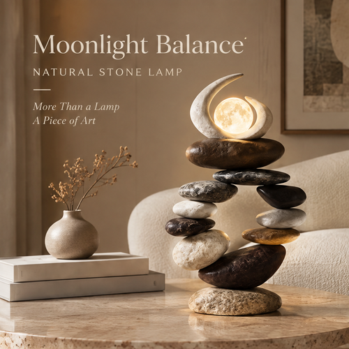VITALUXO Moonlight Balance Stacked Stone Art Lamp glowing beside a cream sofa with white ceramic vase and dried botanicals on a marble surface — Moonlight Balance Natural Stone Lamp, More Than a Lamp, A Piece of Art