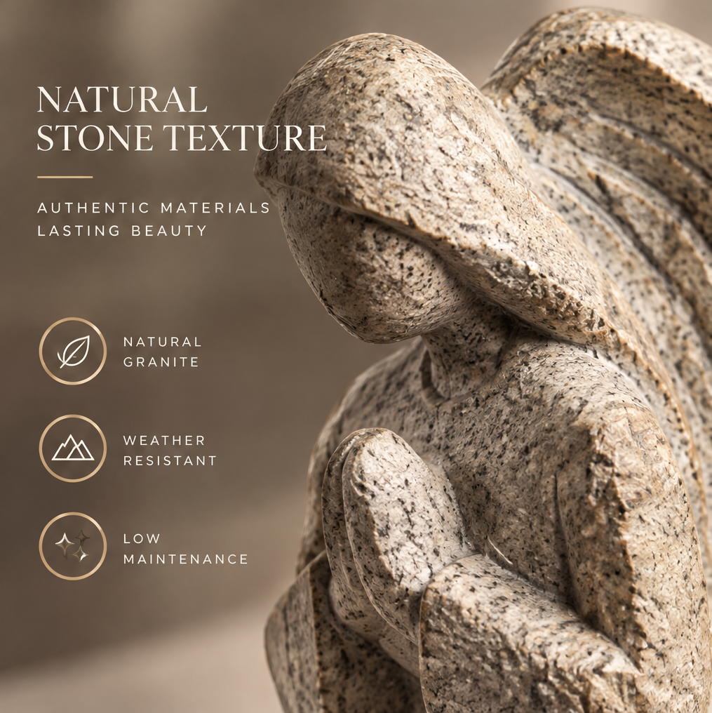 Close-up of natural granite stone texture on guardian angel sculpture — Natural Stone Texture, Authentic Materials, Lasting Beauty, Natural Granite, Weather Resistant, Low Maintenance