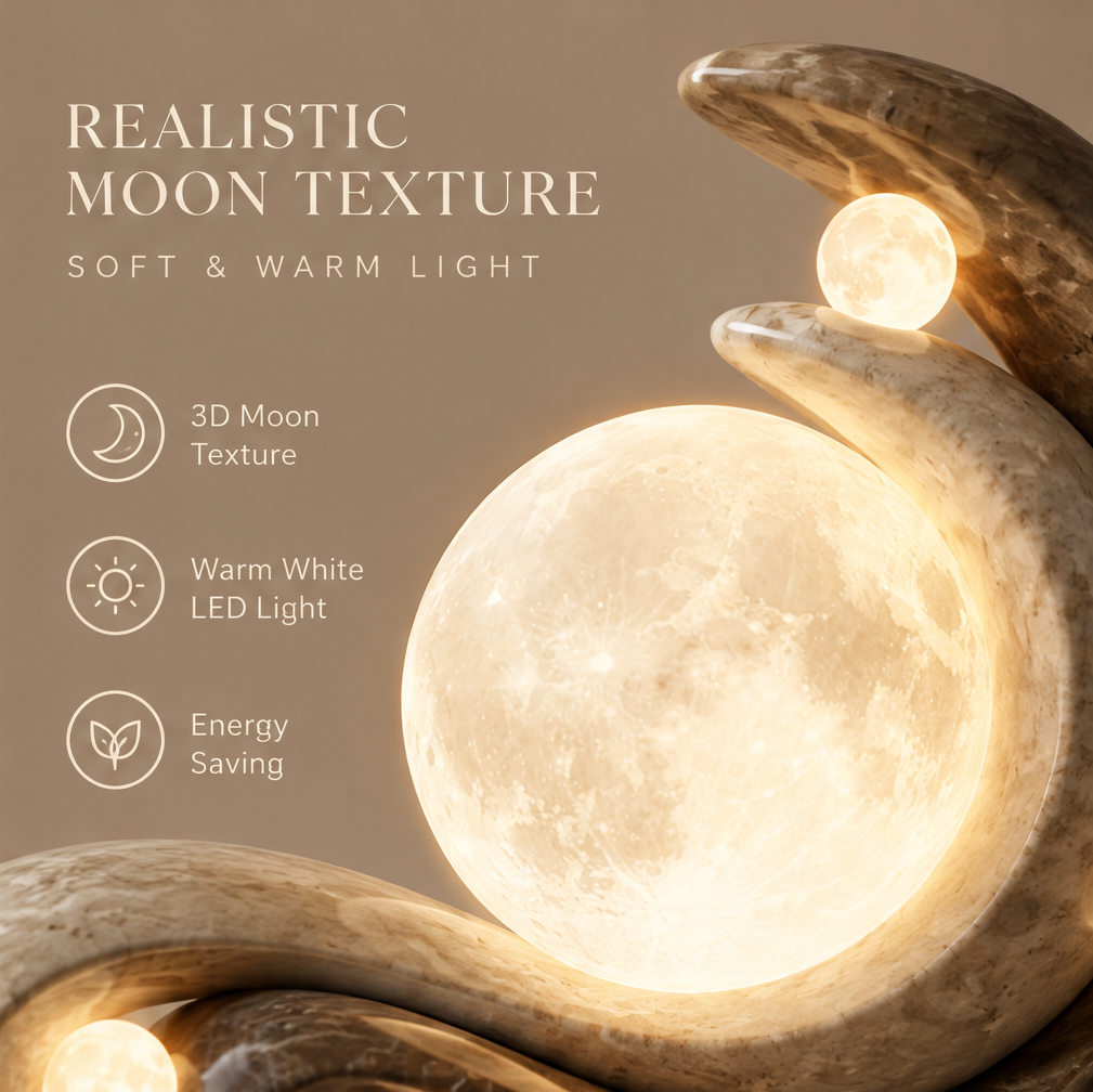 Close-up of large 3D moon texture globe and small moon orb on natural stone S-curve sculpture — Realistic Moon Texture, Soft & Warm Light, 3D Moon Texture, Warm White LED Light, Energy Saving