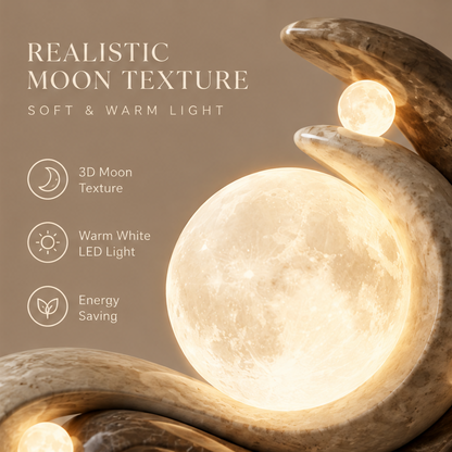 Close-up of large 3D moon texture globe and small moon orb on natural stone S-curve sculpture — Realistic Moon Texture, Soft & Warm Light, 3D Moon Texture, Warm White LED Light, Energy Saving