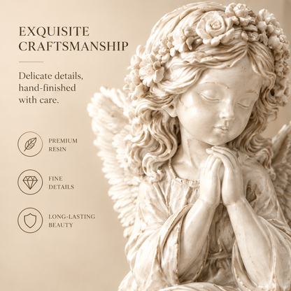 Close-up of upper angel face with rose flower crown, closed eyes and praying hands — Exquisite Craftsmanship, Delicate Details, Hand-Finished with Care, Premium Resin, Fine Details, Long-Lasting Beauty
