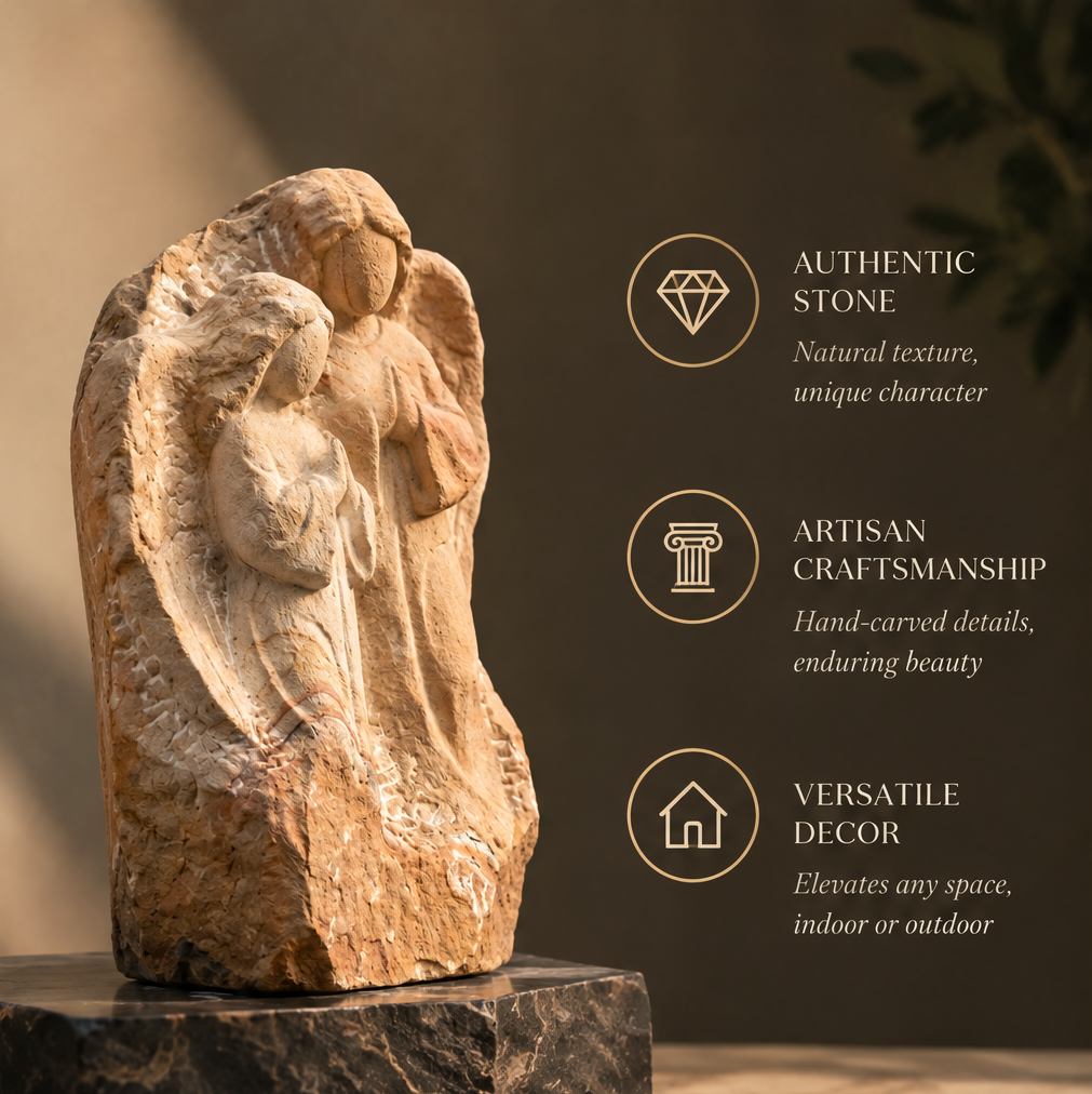 VITALUXO raw stone angel relief sculpture on dark marble base showing angel and praying figure emerging from stone — Authentic Stone, Natural Texture, Unique Character, Artisan Craftsmanship, Hand-Carved Details, Enduring Beauty, Versatile Decor, Elevates Any Space Indoor or Outdoor