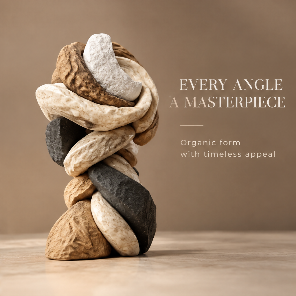 VITALUXO tri-stone twisted stack sculpture on neutral surface showing full form — Every Angle a Masterpiece, Organic Form with Timeless Appeal