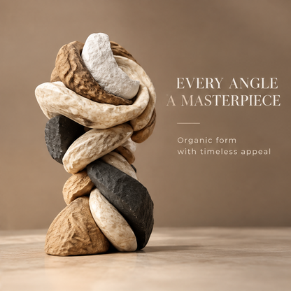 VITALUXO tri-stone twisted stack sculpture on neutral surface showing full form — Every Angle a Masterpiece, Organic Form with Timeless Appeal