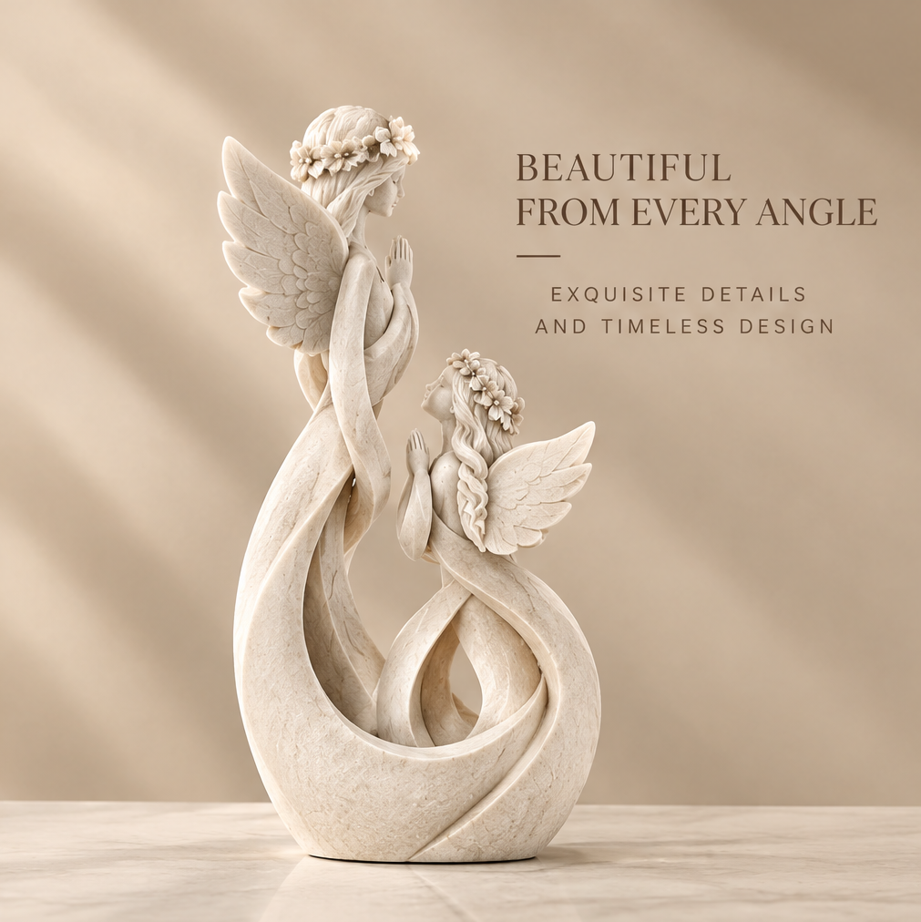 Back view of VITALUXO infinity bond dual angel sculpture showing praying angel and smaller angel connected by infinity-form spiral — Beautiful from Every Angle, Exquisite Details and Timeless Design