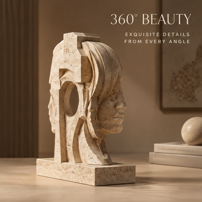 Back angle of dual portrait travertine sculpture on desk beside books and small sculpture — 360° Beauty, Exquisite Details from Every Angle