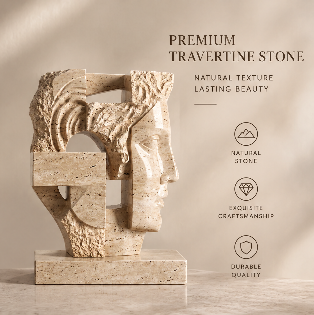 Front view of the dual-face travertine sculpture showing Premium Travertine Stone — Natural Texture, Lasting Beauty, Natural Stone, Exquisite Craftsmanship, Durable Quality