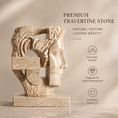 Front view of the dual-face travertine sculpture showing Premium Travertine Stone — Natural Texture, Lasting Beauty, Natural Stone, Exquisite Craftsmanship, Durable Quality