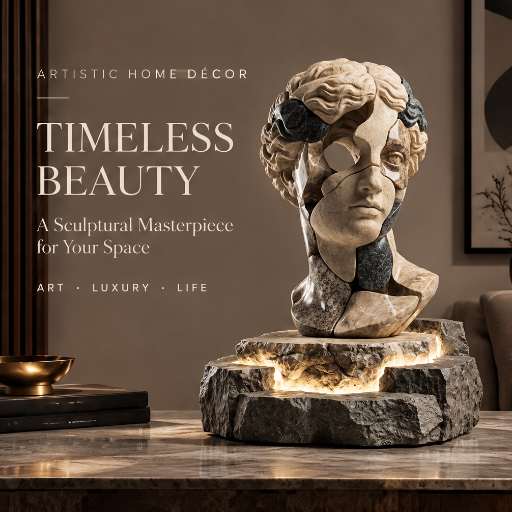 Warm LED illumination glowing through the layered natural stone base, creating a cozy and luxurious ambient atmosphere