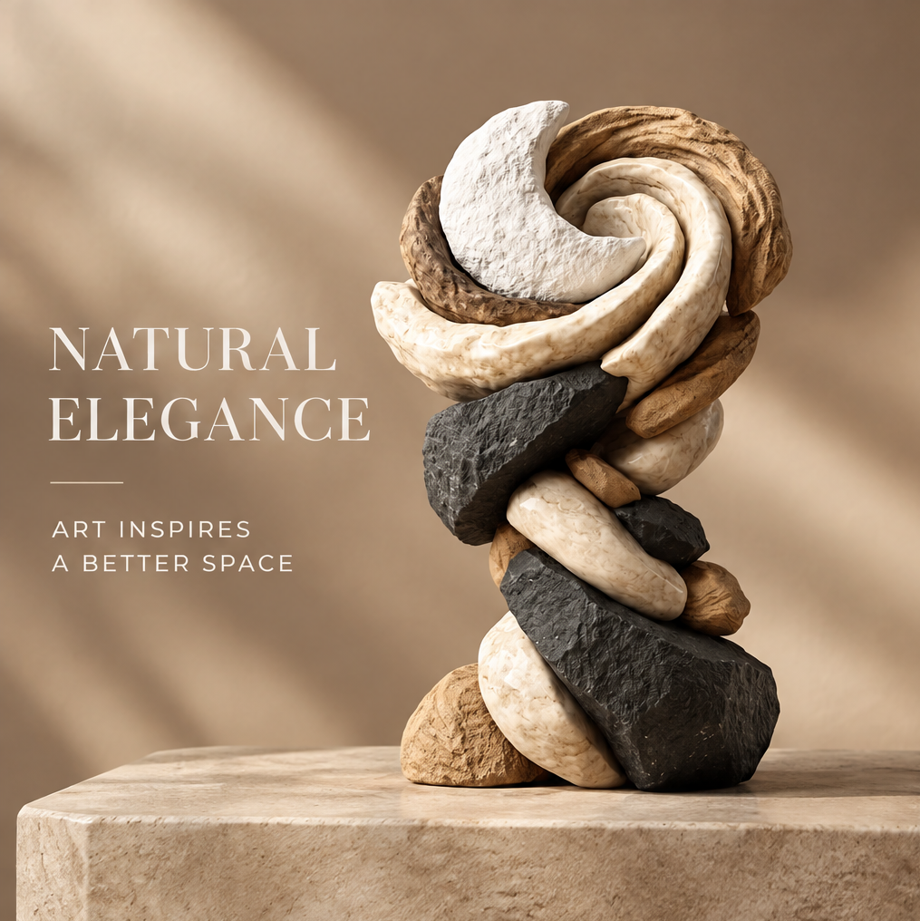 VITALUXO tri-stone twisted stack sculpture on stone plinth in warm side light — Natural Elegance, Art Inspires a Better Space