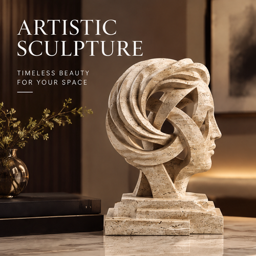 VITALUXO spiral travertine bust on a marble desk with dark books and bronze vase in warm ambient light — Artistic Sculpture, Timeless Beauty for Your Space
