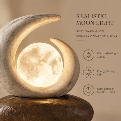 Close-up of crescent stone cradle holding glowing moon orb atop stacked stones — Realistic Moon Light, Warm White Light 3000K, Energy Saving LED, Long Lifespan 50,000+ Hours, Soft Warm Glow, Cozy Ambience