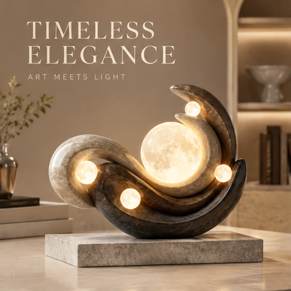 VITALUXO moon sculpture stone lamp on travertine base in warm bookshelf setting with greenery and decorative objects — Timeless Elegance, Art Meets Light