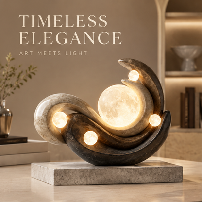 VITALUXO moon sculpture stone lamp on travertine base in warm bookshelf setting with greenery and decorative objects — Timeless Elegance, Art Meets Light