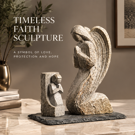 VITALUXO Guardian Angel Faith Stone Sculpture on marble surface in warm interior with gold vase, olive botanicals and framed art — Timeless Faith Sculpture, A Symbol of Love, Protection and Hope