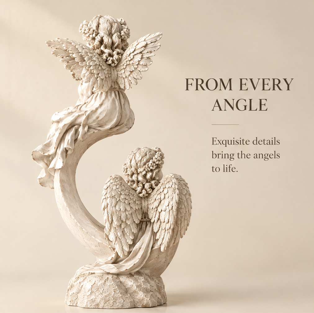 Back view of VITALUXO dual angel spiral sculpture showing full wing feather detail and flower crown hair from behind — From Every Angle, Exquisite Details Bring the Angels to Life