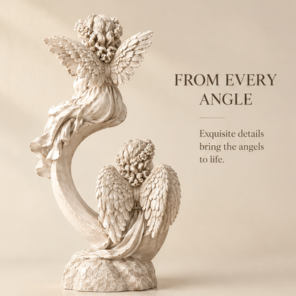 Back view of VITALUXO dual angel spiral sculpture showing full wing feather detail and flower crown hair from behind — From Every Angle, Exquisite Details Bring the Angels to Life