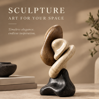 VITALUXO Organic Tri-Stone Abstract Sculpture on a marble surface beside stacked books, black ceramic bowl and olive branch — Sculpture, Art for Your Space, Timeless Elegance, Endless Inspiration