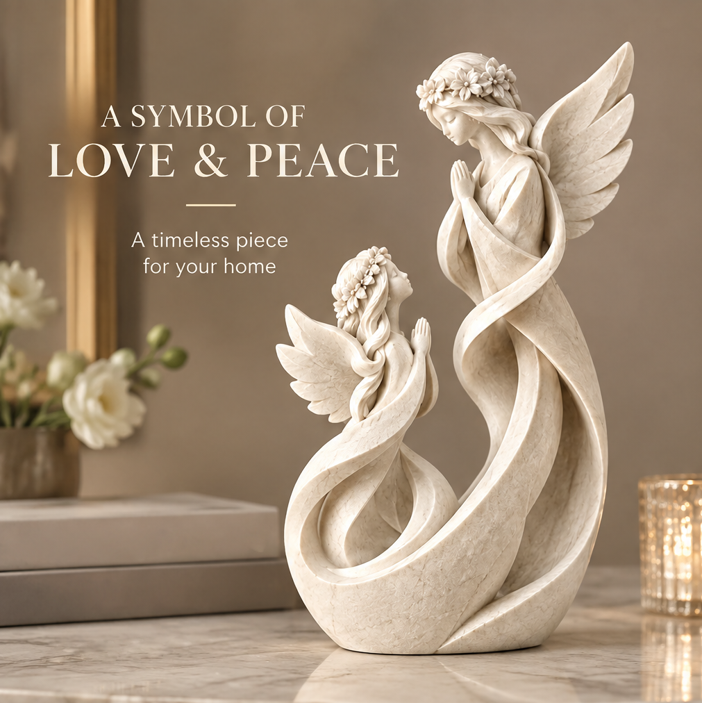 VITALUXO Infinity Bond Dual Angel Sculpture on marble console with white florals in vase, gold-framed art and glass candle holder — A Symbol of Love & Peace, A Timeless Piece for Your Home