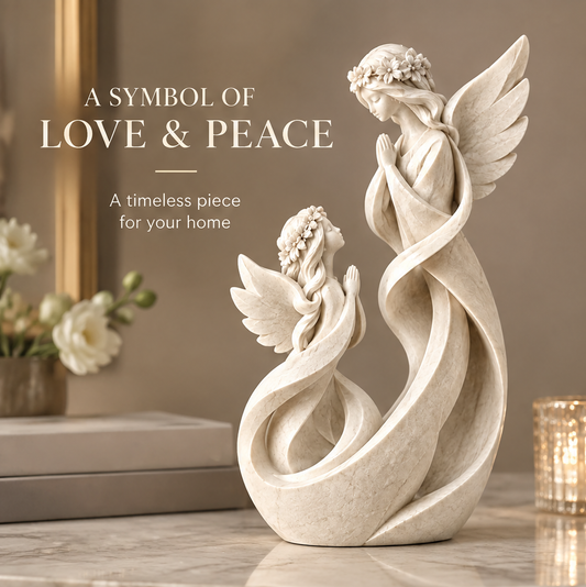 VITALUXO Infinity Bond Dual Angel Sculpture on marble console with white florals in vase, gold-framed art and glass candle holder — A Symbol of Love & Peace, A Timeless Piece for Your Home