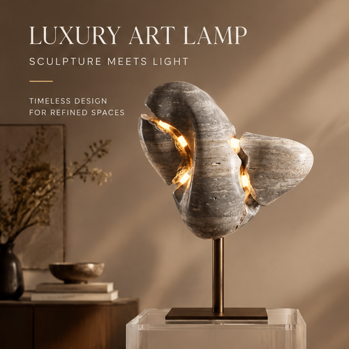 VITALUXO Organic Stone Sculpture Art Lamp glowing warm gold light through natural stone crevices in a moody living room with dried botanicals and bronze bowl — Luxury Art Lamp, Sculpture Meets Light, Timeless Design for Refined Spaces