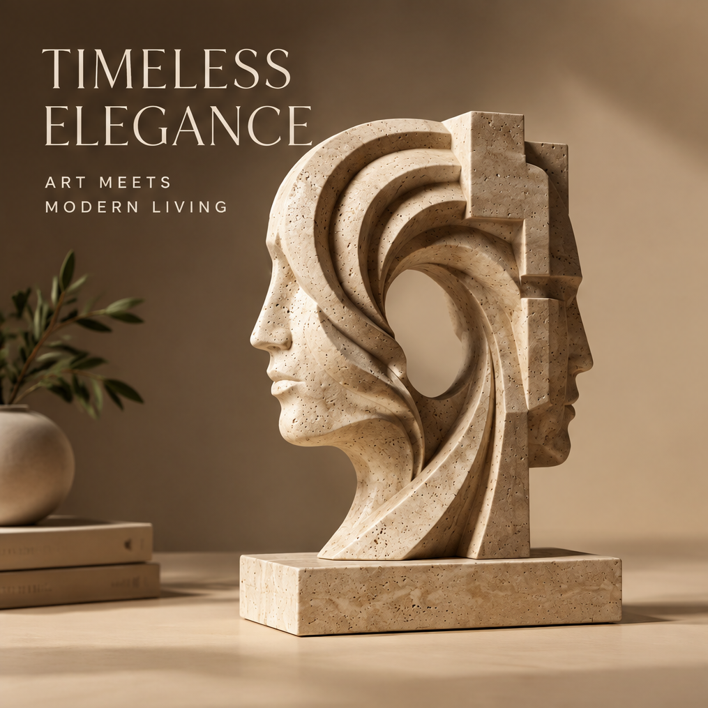 VITALUXO Dual Portrait Travertine Sculpture on a desk beside a green plant and stacked books in warm natural light — Timeless Elegance, Art Meets Modern Living