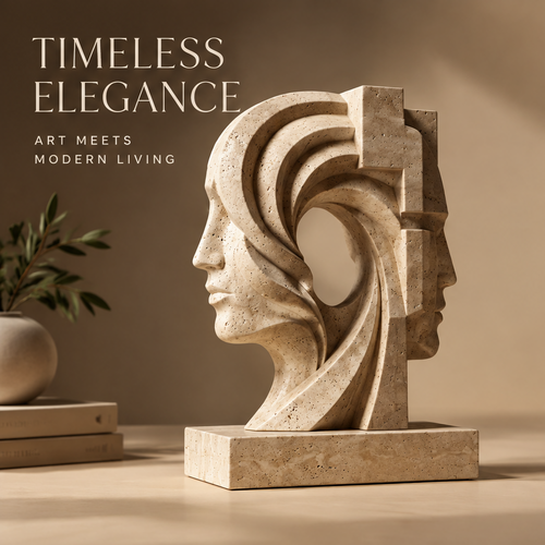 VITALUXO Dual Portrait Travertine Sculpture on a desk beside a green plant and stacked books in warm natural light — Timeless Elegance, Art Meets Modern Living