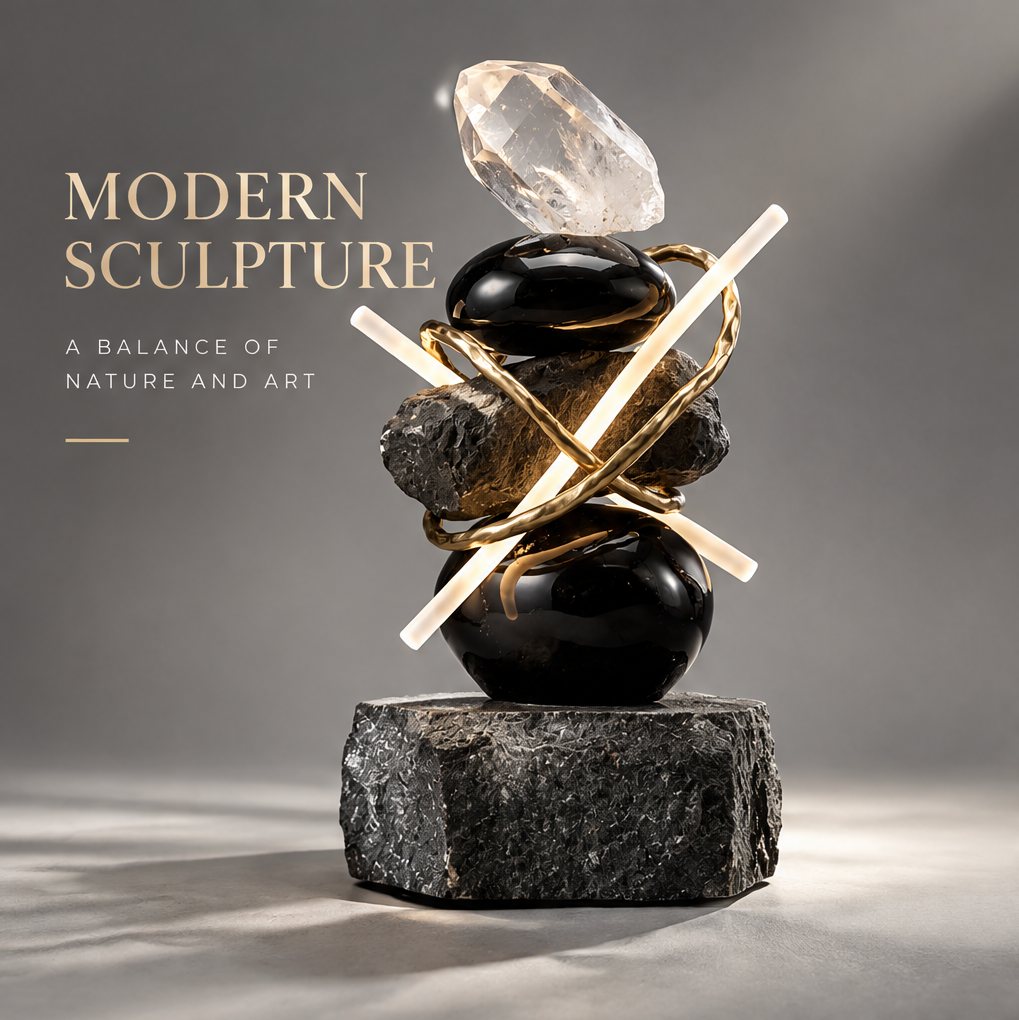 VITALUXO crystal and black stone gold metal sculpture on raw stone base against grey background — Modern Sculpture, A Balance of Nature and Art