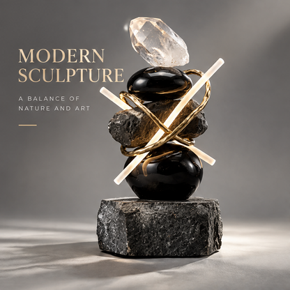 VITALUXO crystal and black stone gold metal sculpture on raw stone base against grey background — Modern Sculpture, A Balance of Nature and Art