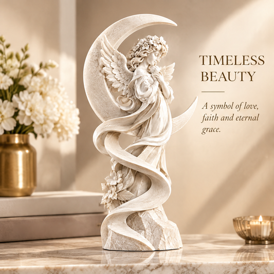 VITALUXO Moon Crescent Floral Angel Sculpture on marble surface in warm interior with white flower bouquet in gold vase, stacked books and glass candle holder — Timeless Beauty, A Symbol of Love, Faith and Eternal Grace