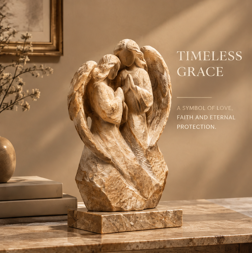 VITALUXO Dual Angel Embrace Stone Sculpture on marble console with cherry blossom branch, gold vase and framed art in warm interior — Timeless Grace, A Symbol of Love, Faith and Eternal Protection