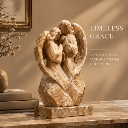 VITALUXO Dual Angel Embrace Stone Sculpture on marble console with cherry blossom branch, gold vase and framed art in warm interior — Timeless Grace, A Symbol of Love, Faith and Eternal Protection