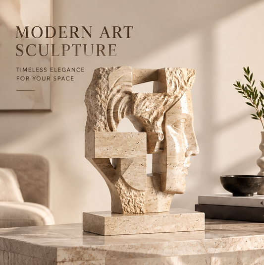 VITALUXO Dual-Face Travertine Art Sculpture on a marble coffee table beside an olive plant and books — Modern Art Sculpture, Timeless Elegance for Your Space